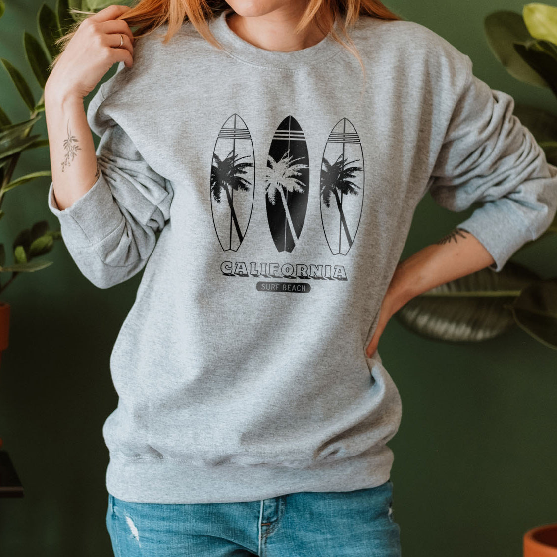 California Beach Three Surf Boards Sweatshirt - Beach Vibes California State Retro Vintage Design Printed Sweatshirt
