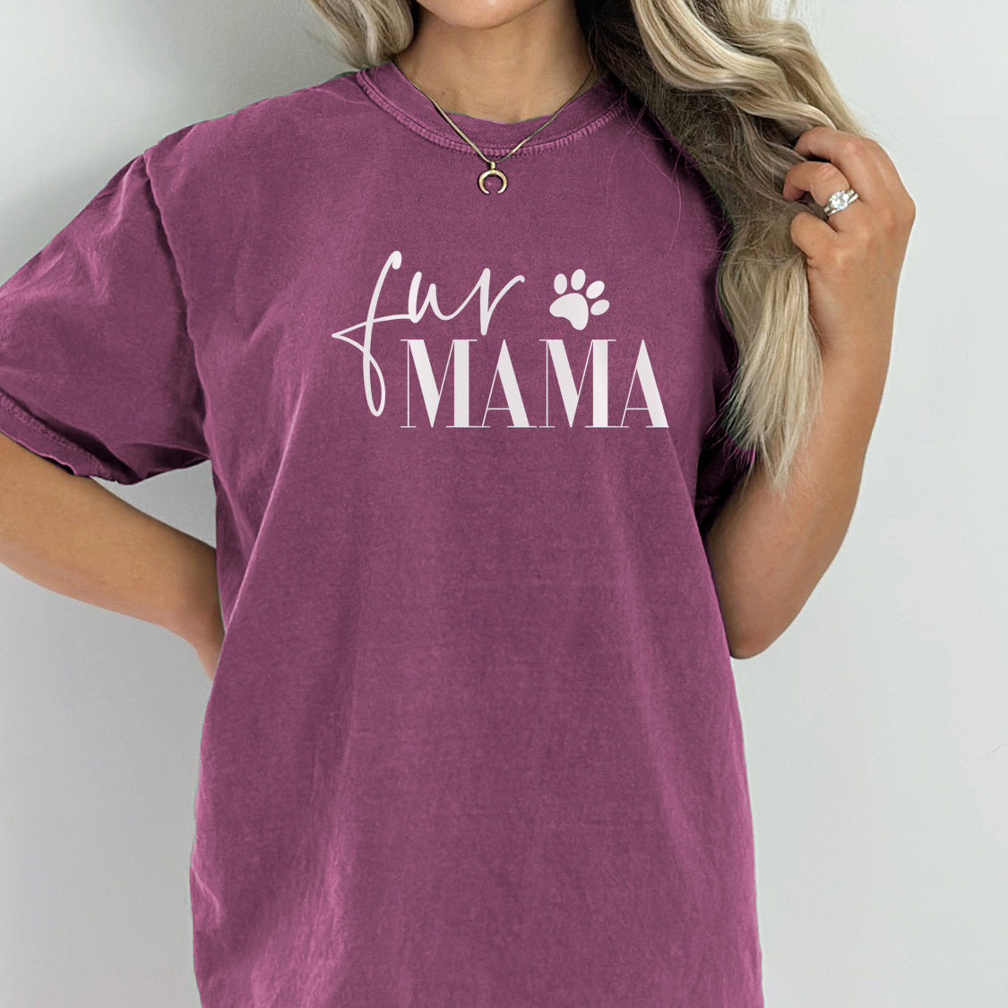 Fur Mama With Paw T-shirt - Fun Pet Love Minimal Design Printed Garment Dyed Heavyweight Short Sleeve T-Shirt