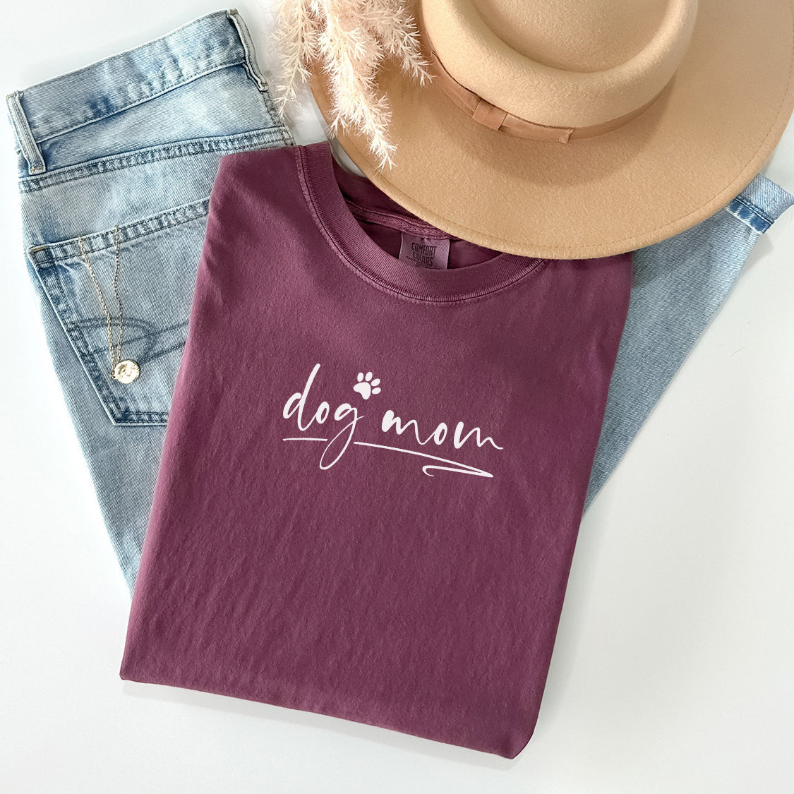 Dog Mom Small Letters T-shirt - Fun Pet Love Minimal Design Printed Garment Dyed Heavyweight Short Sleeve T-Shirt