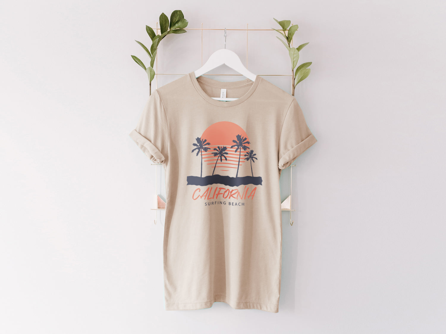 California Palm Tree Sunset Beach Surfing T-shirt - Beach Vibes California State Retro Vintage Design Printed Tee Shirt