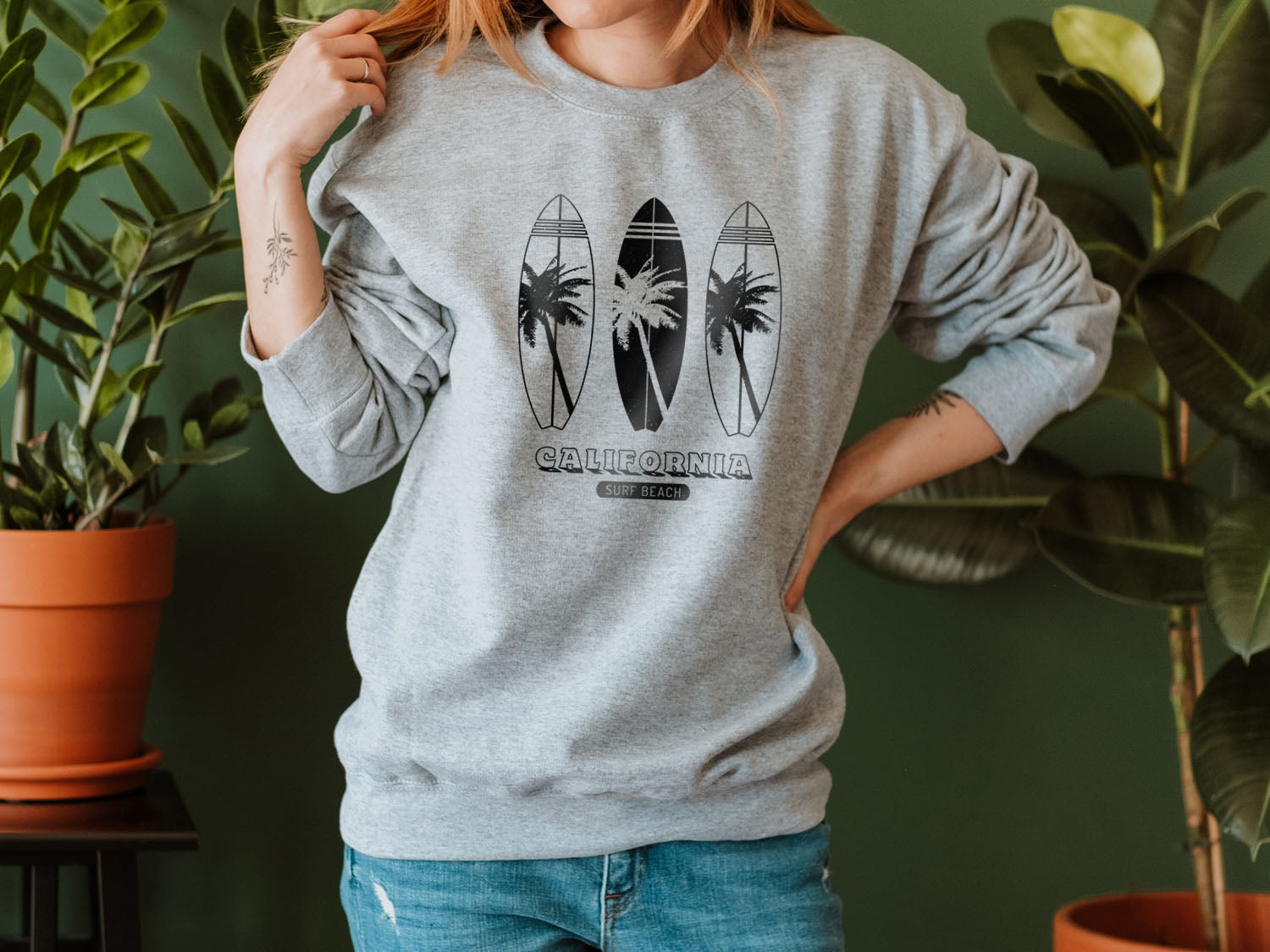 California Beach Three Surf Boards Sweatshirt - Beach Vibes California State Retro Vintage Design Printed Sweatshirt