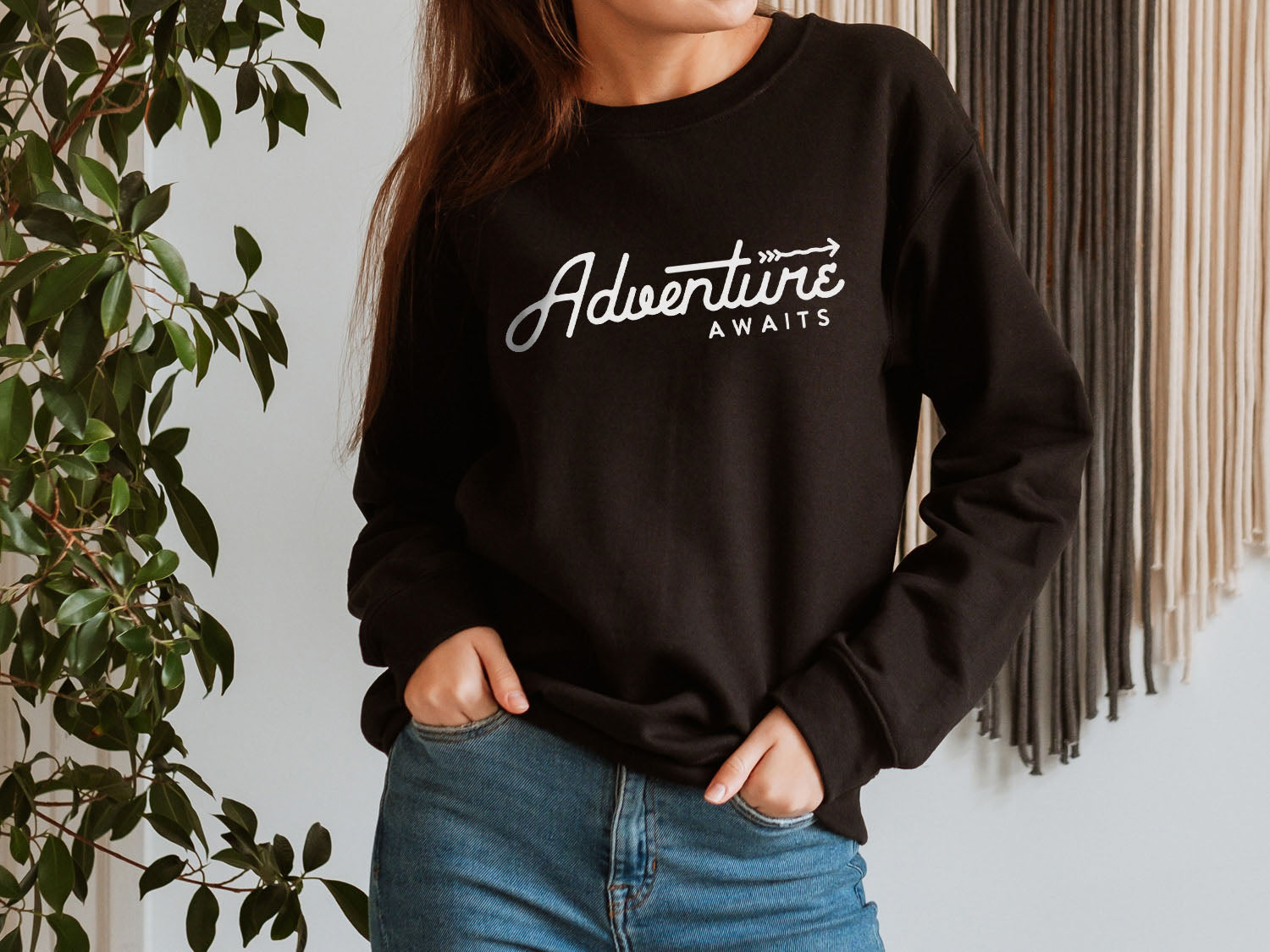 Adventure Awaits Sweatshirt - Outdoor Nature Camping Retro Minimal Design Printed Sweatshirt