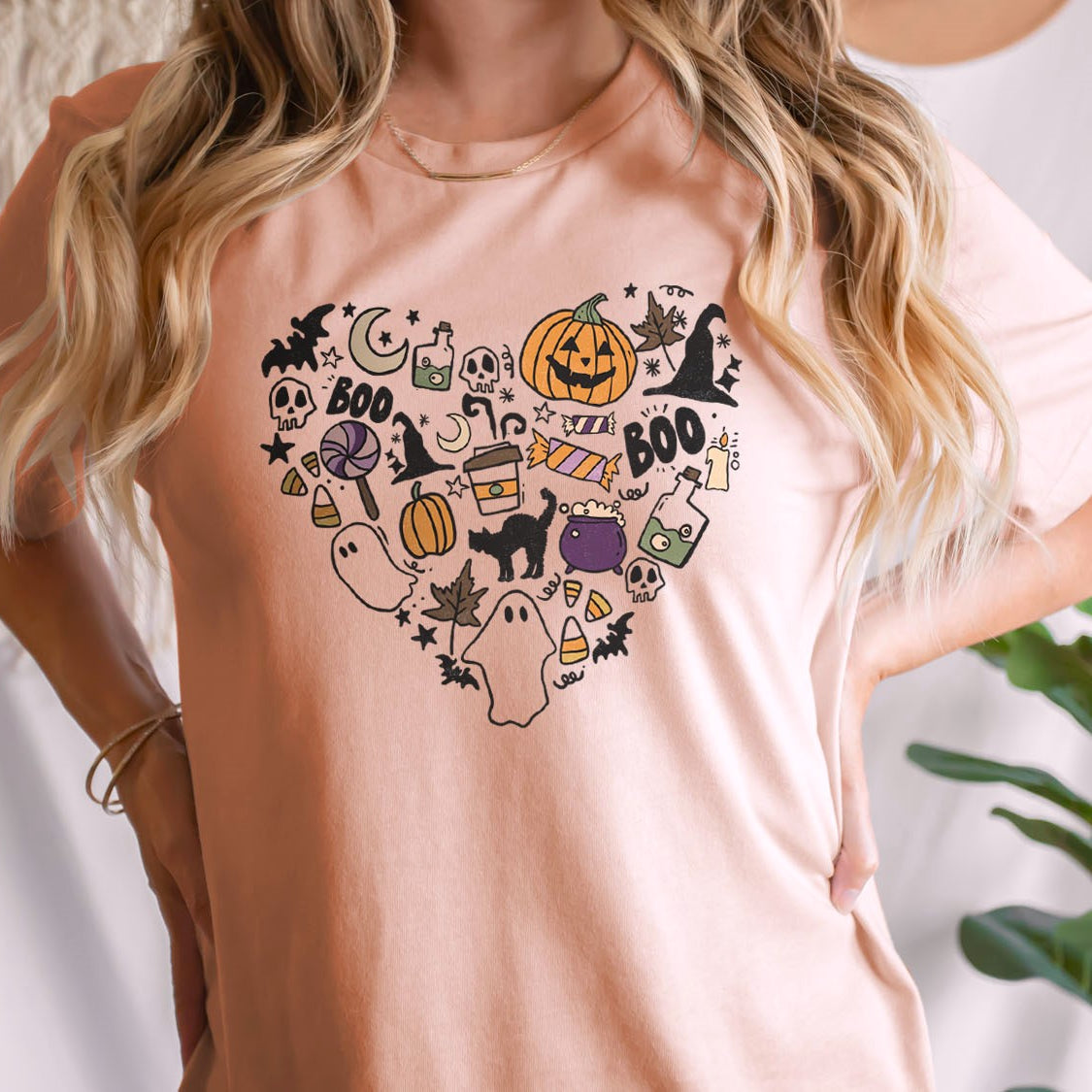 Halloween Stuffs in Heart Shape T-shirt - Halloween Ghost Pumpkin Witch Retro Vintage Design Printed Tee Shirt
