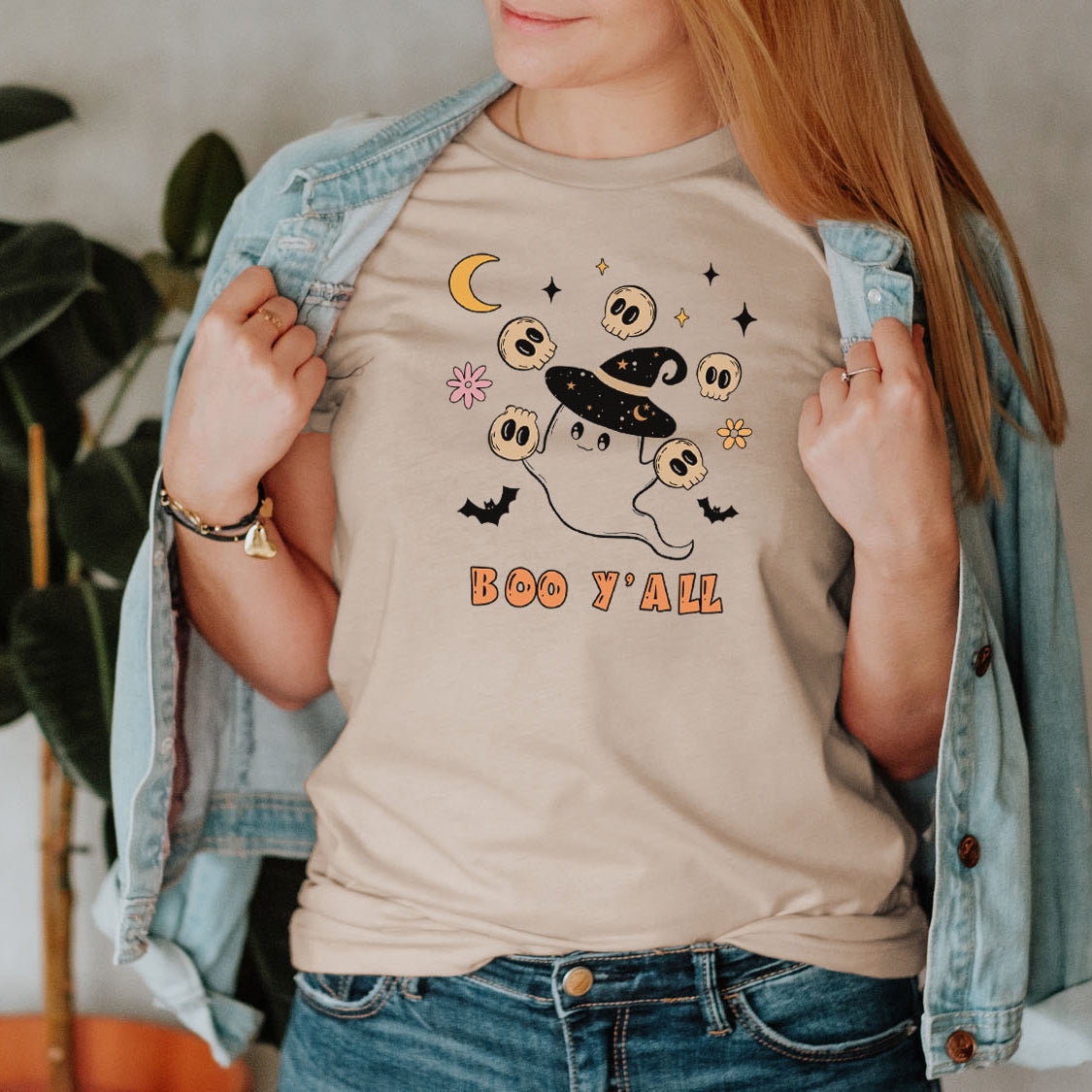 Halloween Cute Witch Ghost Boo Y'ALL T-shirt - Halloween Ghost Witch Retro Vintage Design Printed Tee Shirt