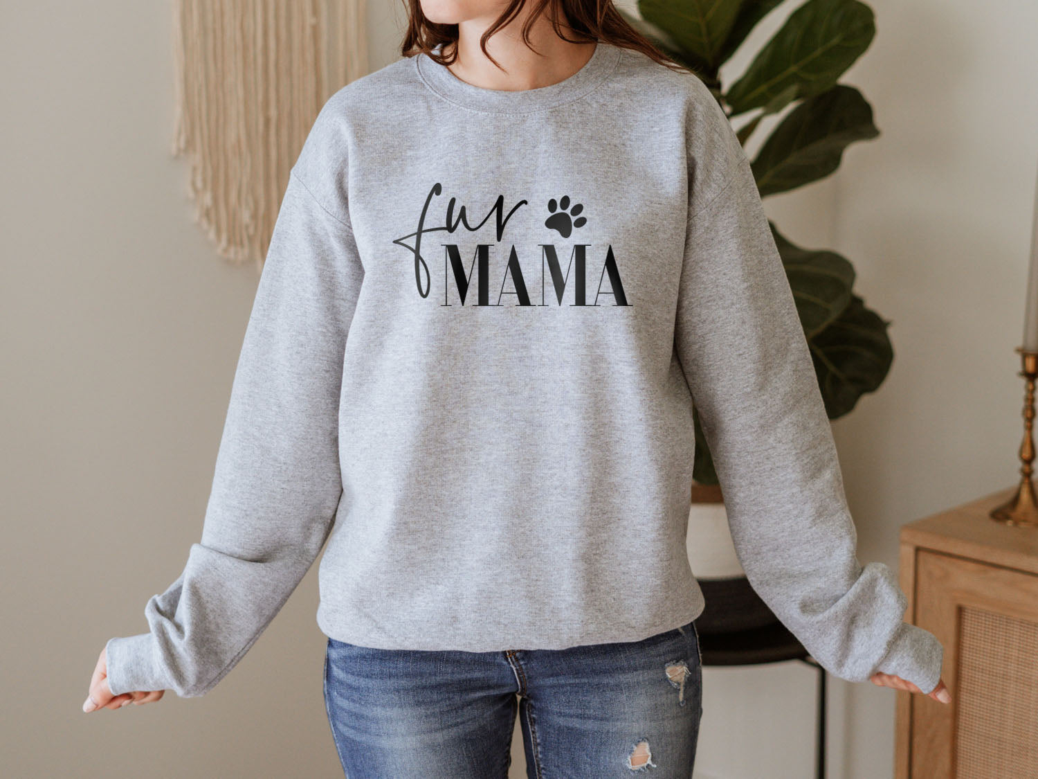Fur Mama With Paw Sweatshirt - Fun Pet Love Minimal Design Printed Sweatshirt
