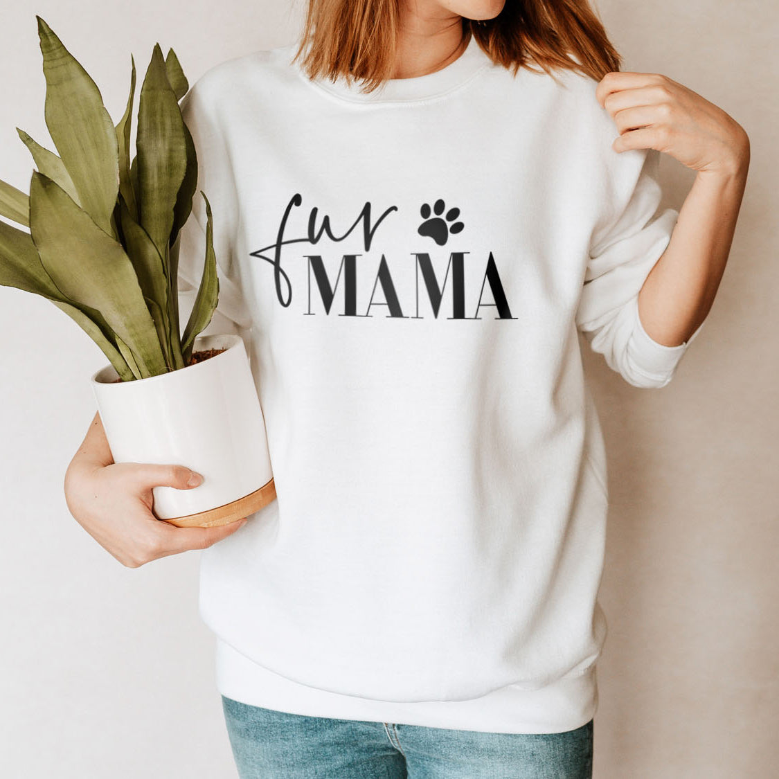 Fur Mama With Paw Sweatshirt - Fun Pet Love Minimal Design Printed Sweatshirt
