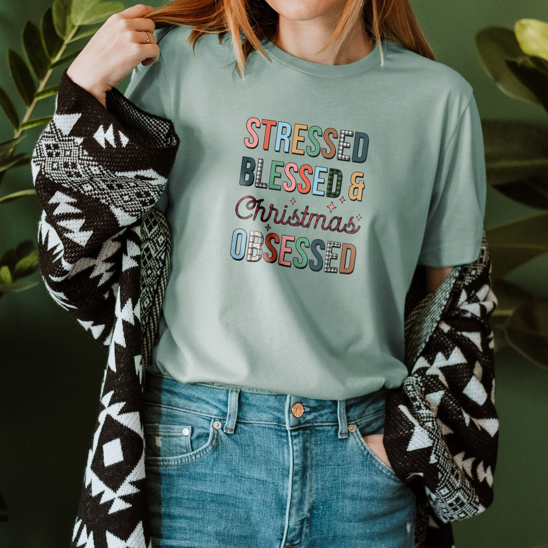 Stressed Blessed & Christmas Obsessed T-shirt - Christmas Winter Retro Vintage Design Printed Tee Shirt