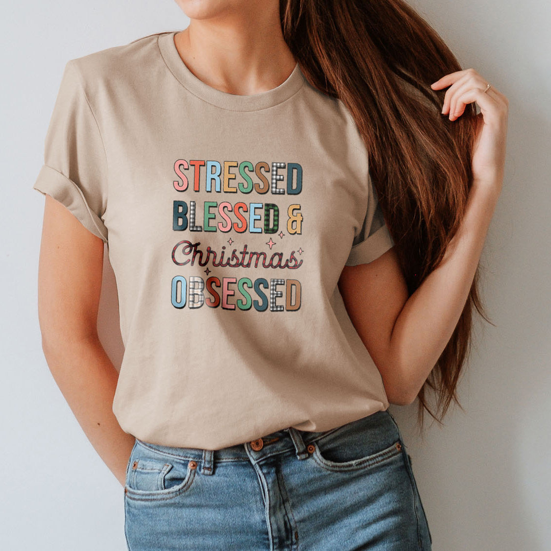 Stressed Blessed & Christmas Obsessed T-shirt - Christmas Winter Retro Vintage Design Printed Tee Shirt