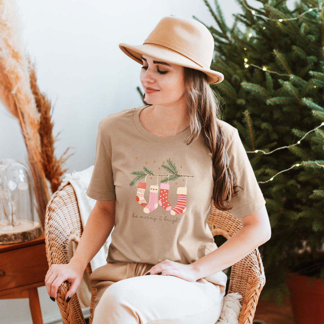 Christmas Socks Hanging On The Tree Be Merry & Bright T-shirt - Christmas Winter Retro Vintage Design Printed Tee Shirt