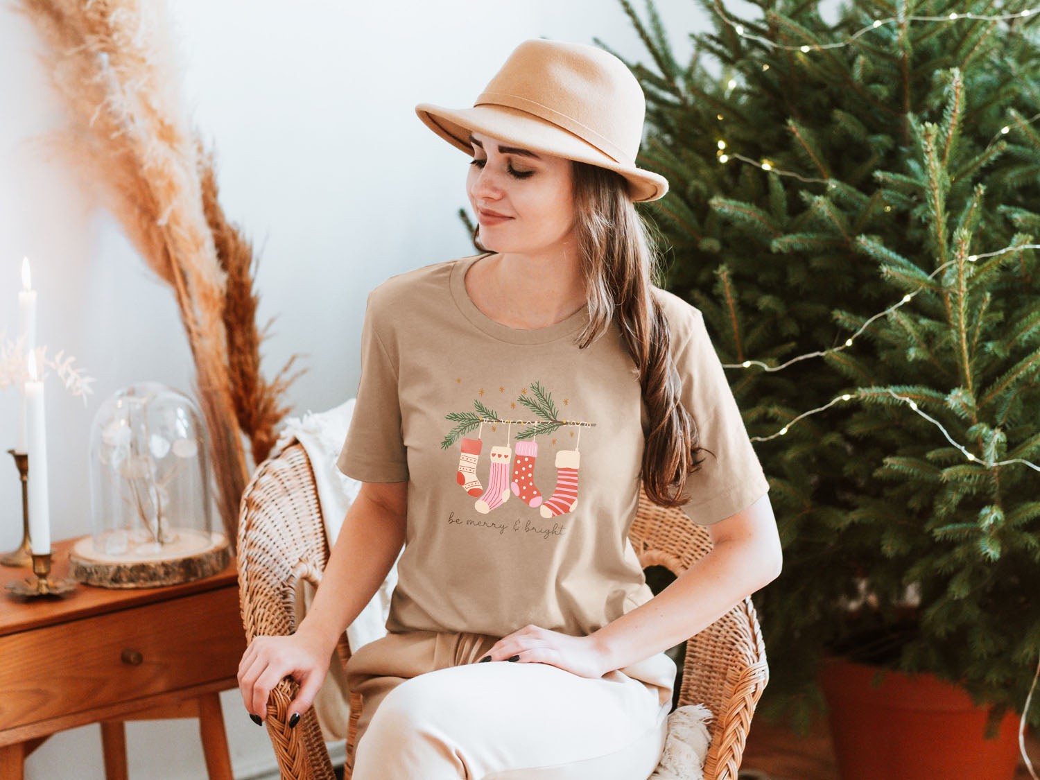 Christmas Socks Hanging On The Tree Be Merry & Bright T-shirt - Christmas Winter Retro Vintage Design Printed Tee Shirt